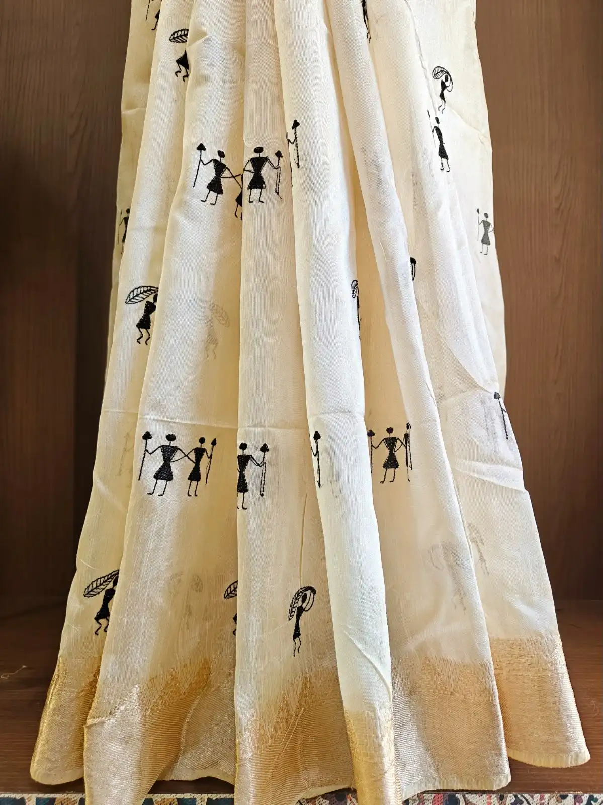 Off - White Soft Assam Silk Saree with Embroidered Warli Design Saree